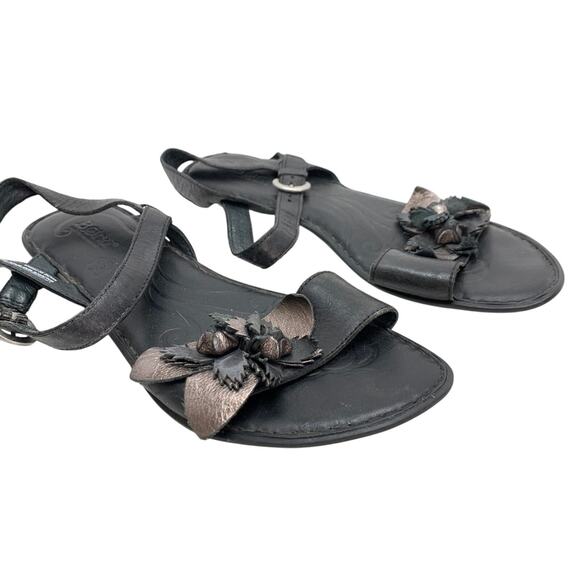 Born Black Genuine Leather Ankle Strap Sandals Womens Flats Shoes 3D Flowers 8 - Picture 1 of 16